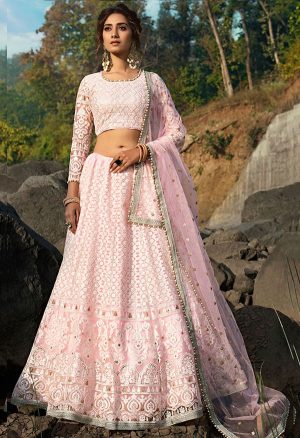 Light-Pink Embroidered Soft Net Wedding & Party Wear Semi Stitched Lehenga