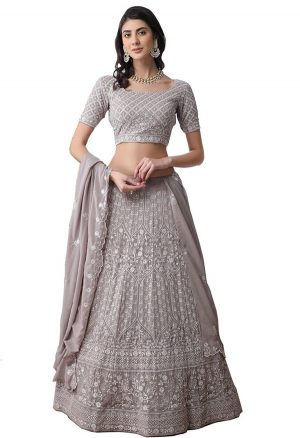 Grey Embroidered Georgette Wedding & Party Wear Semi Stitched Lehenga
