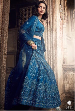 Kerosene Blue Embroidered Art Silk Wedding & Party Wear Semi Stitched Lehenga