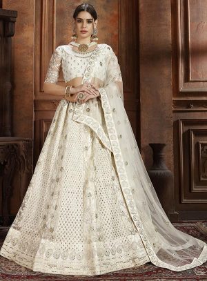 White Embroidered Soft Net Wedding & Party Wear Semi Stitched Lehenga