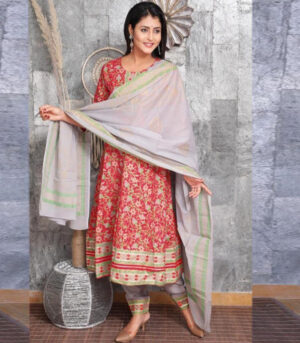 Beautiful Cotton Print Full Flair Anarkali Kurti with Cotton Pant Paired  with Malmal Cotton Dupatta - KC201050