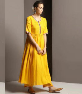 Pretty Yellow Anarkali Dress With Gotta And Tie Dye Dupatta Crafted Style Kurti