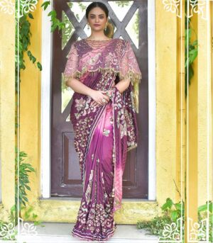Beautiful Purple & Green Two Shade Wedding Wear Indian Heavy Work Saree