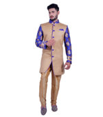 Sparkling Blue And Gold Zari Brocade Natural Jute With Persian Blue Indo Western Sherwani