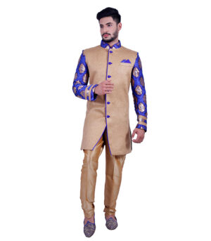 Sparkling Blue And Gold Zari Brocade Natural Jute With Persian Blue Indo Western Sherwani