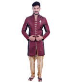 Wine And Black Elementary Brocade Indo Western Sherwani