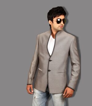 Flaunts A High Neck And Two Buttons Cool Grey Designer Blazers