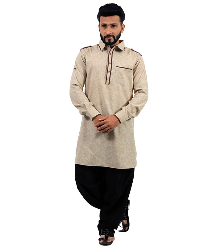 Stylish Beige Cotton Blend Pathani Suit Kurta Zakarto