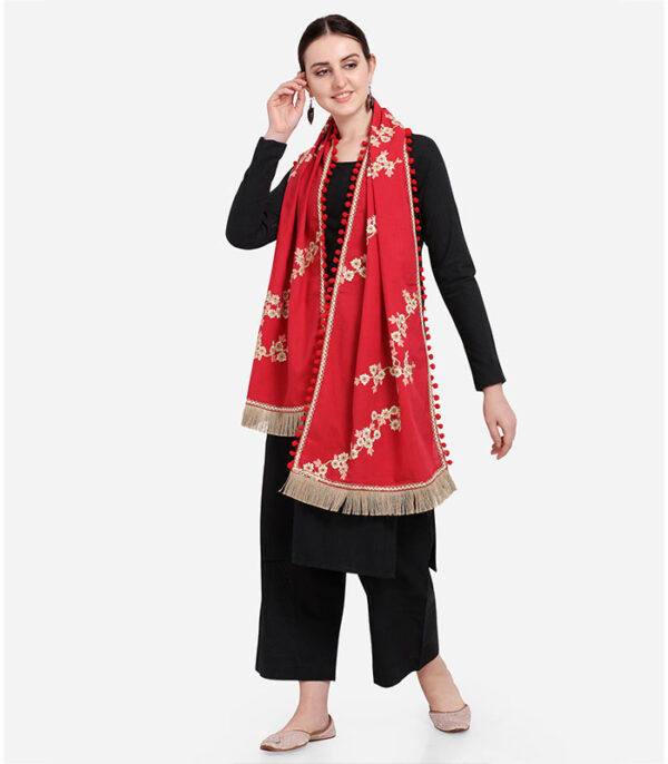 Pure Khadi Blood Red Embroidered Stole Or Dupatta - Zakarto