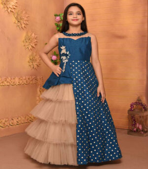 Silk Blend Blue Embroidered Gown