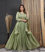 Arfa Chinnon Silk Hand Painted Olive Gown Dupatta Set