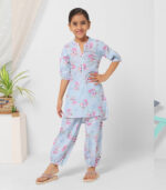 Blue Floral Kurta Set For Girls