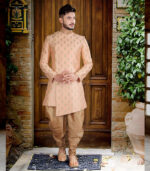 Peach Art Silk Art Work Traditional Wear Indo Western Sherwani