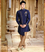 Navy Blue Art Silk Art Work Traditional Wear Indo Western Sherwani