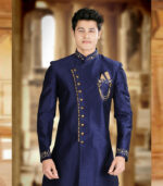 Navy Blue Art Silk Art Work Traditional Wear Indo Western Sherwani