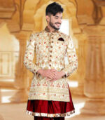 Cream Silk Art Work Wedding Wear Indian Sherwani