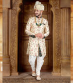 Cream Silk Art Work Wedding Wear Indian Sherwani