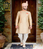 Cream Silk Art Work Indian Wedding Wear Sherwani