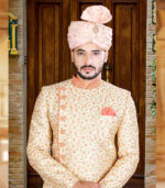 Cream Silk Art Work Indian Wedding Wear Sherwani