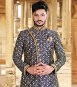 Navy Blue Silk Art Work Wedding Wear Indian Sherwani