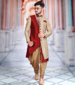 Maroon Silk Art Work Wedding Wear Indian Traditional Sherwani