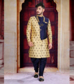 Cream Blue Silk Art Work Wedding Traditional Wear Sherwani