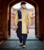 Cream Blue Silk Art Work Wedding Wear Indian Sherwani