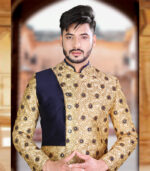 Cream Blue Silk Art Work Wedding Wear Indian Sherwani