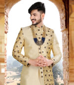 Cream Silk Art Work Wedding Wear Indian Traditional Sherwani