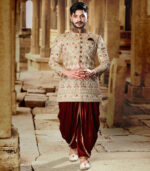 Ceremonial Cream Silk Art Work Wedding Wear Sherwani