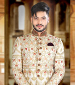 Ceremonial Cream Silk Art Work Wedding Wear Sherwani