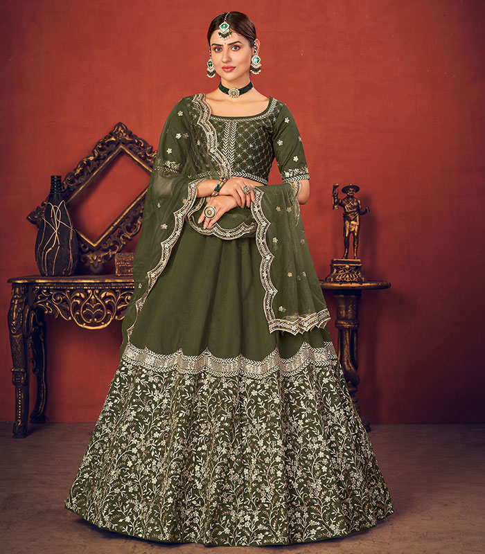 Shop Bollywood Lehenga - Olive Green Multi Embroidery Wedding Lehenga Choli  At Hatkay