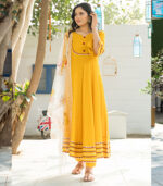 Dandelion Yellow Kurta Set With Floral Hand Paint Organza Dupatta