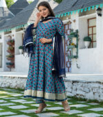 Blue Motif Print Kurta Dupatta Set