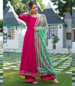 Pink Kurta With Lime Green Dupatta Set