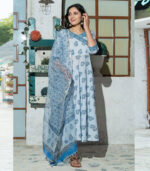 Sky Blue Butta Hand Block Print Kurta Set With Doria Dupatta.