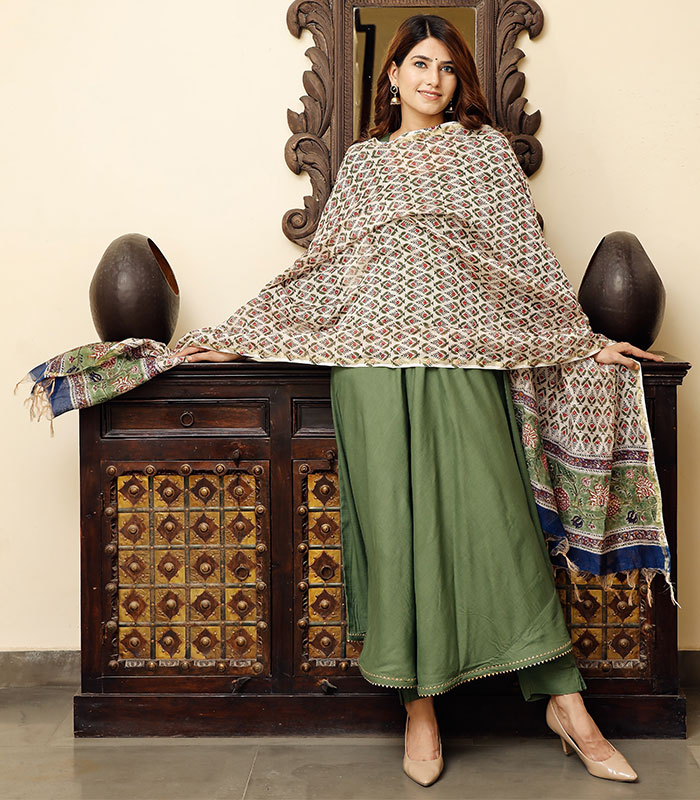 Olive green flared dress with black printed dupatta - Set Of Two