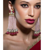 Lush Kundan Polki And Onyx Drop Earrings With Beautiful Soft Pink Agate Bead Danglers