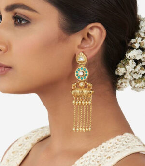 Gold Dangler Earrings With Turquoise Stones