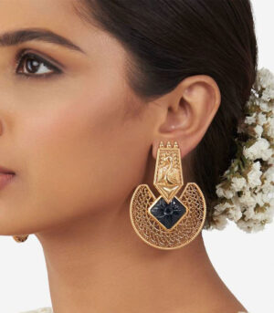Gold Chandbali Earrings With Carved Blue Onyx