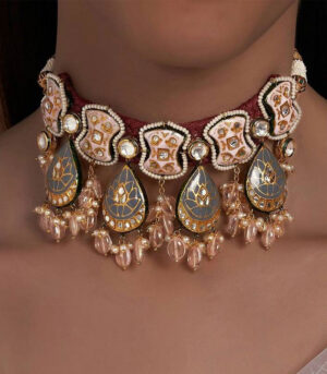 Meenakari Pink And Grey With Agate Drops Necklace