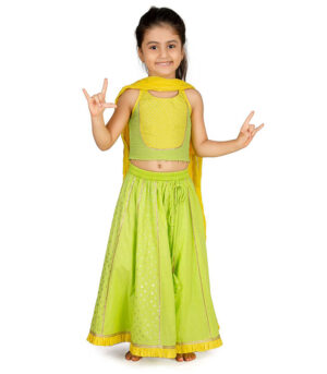 Girls Lime Green And Yellow Sleeveless Choli And Lehenga Set With Dupatta
