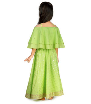Girls Lime Green Off-Shoulder Choli Cape With Lehenga Set