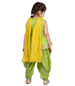 Girls Lime Green Top And Cowl Pant Set With Yellow Dupatta