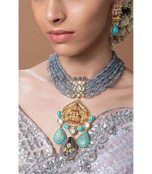 Deluxe Blue Grey And Gold Temple Figure Necklace Set With Earrings
