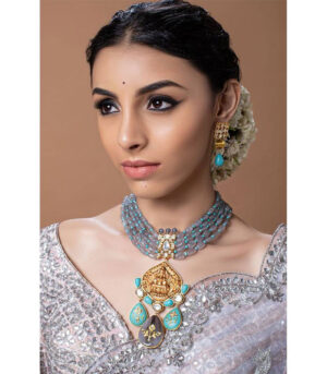 Deluxe Blue Grey And Gold Temple Figure Necklace Set With Earrings
