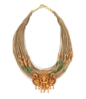 Celestial Surprise Beige Jute Threaded Gold Pendant Necklace Amd Earrings Set