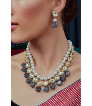 Blue Grey Gold Tone Pearl Necklace Set
