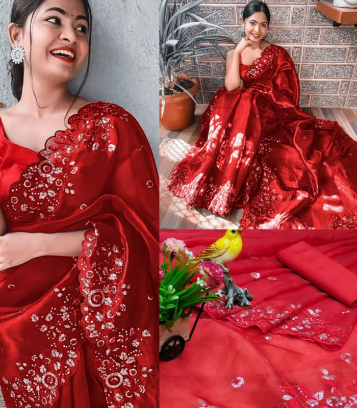 Buy Red Silk Organza Embroidered Dori Sindoori Yashaswini Saree For Women  by Torani Online at Aza Fashions.