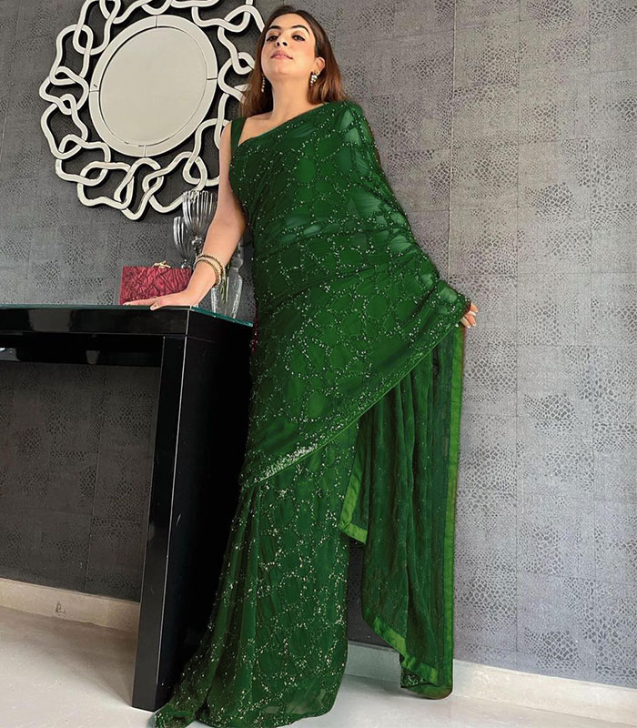 Bottle green sequins work lycra readymade saree 10413b